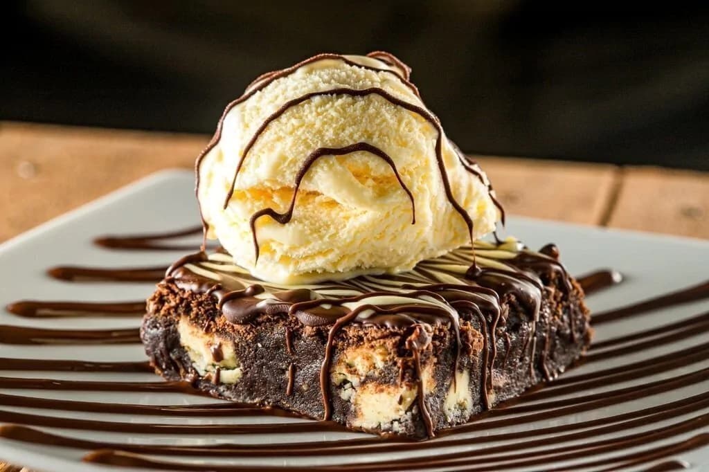 Brownie Três Chocolates servido quente com uma bola de sorvete de creme e calda de chocolate
